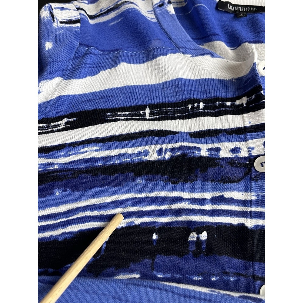 Lafayette 148‎ Abstract Stripe Silk Panel Knit Cardigan Sweater Blue White Large - Picture 12 of 12